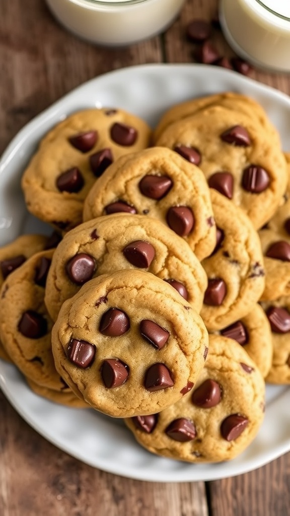 A plate of warm chocolate chip cookies with melted chocolate chips, next to a glass of milk on a wooden table.